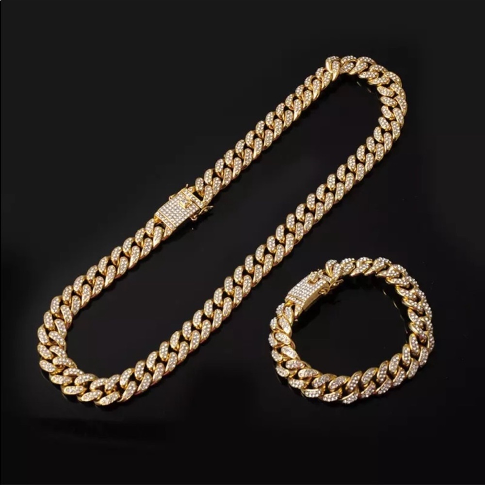 NEW MEN GOLD LINK CUBAN NECKLACE & BRACELET